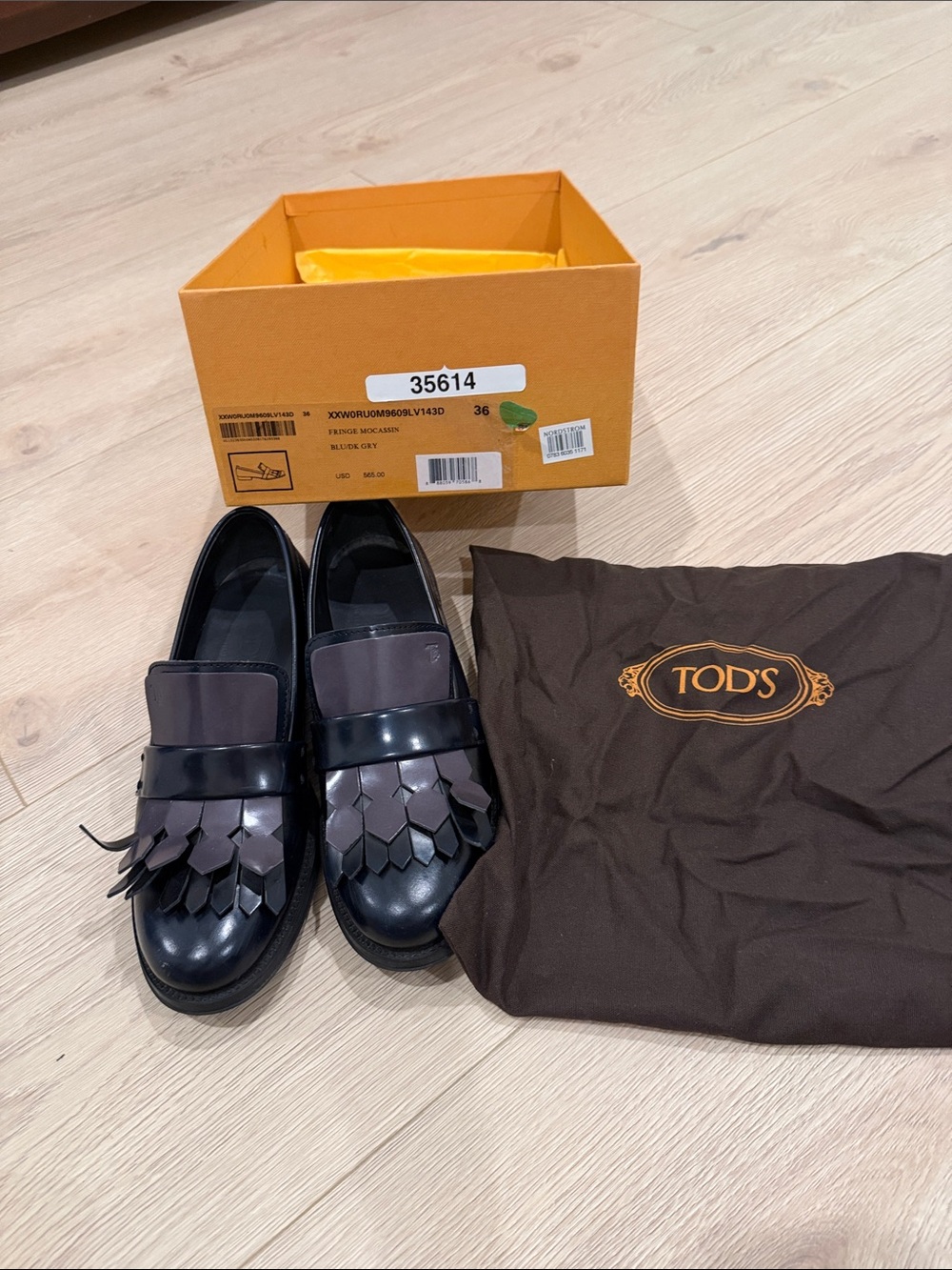 Tod's Black and Dark Gray Leather Fringe Loafers